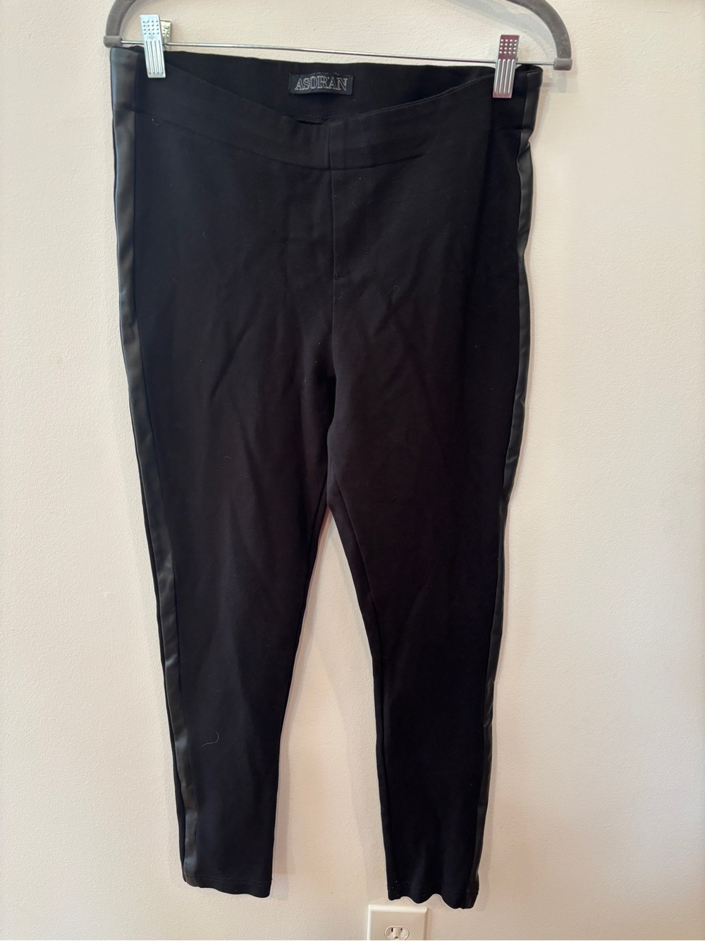 ASORAN Black Leggings With Faux Leather Side Stripe - Women’s L